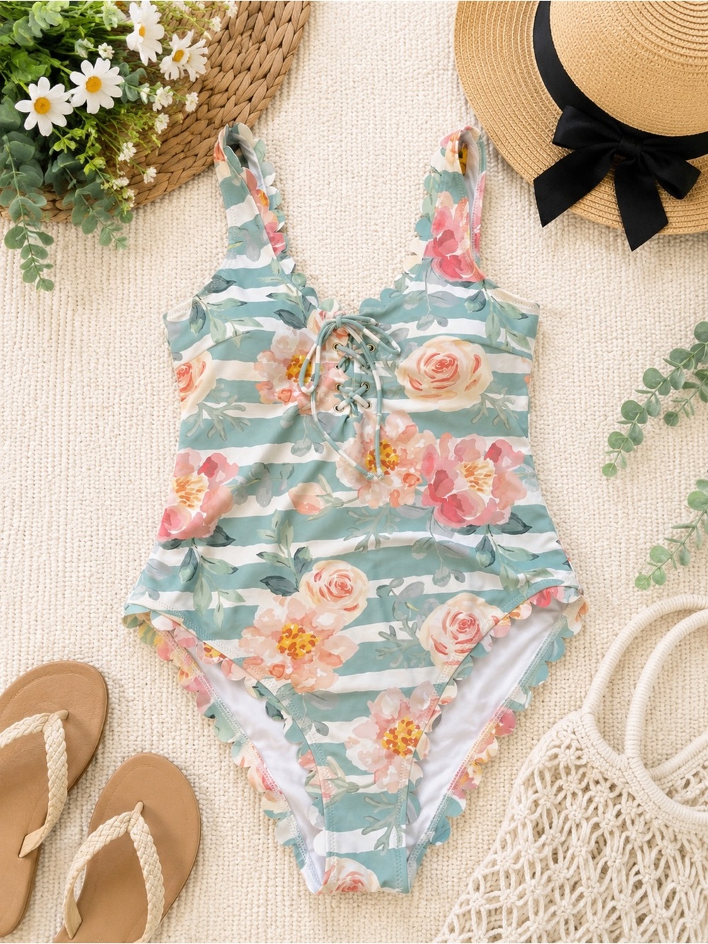 Cupshe Floral Stripe Lace-Up One-Piece Swimsuit XXL Scallop Trim NWT